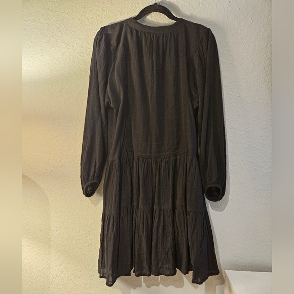 Seafolly Black Smock Long Sleeve Layered Ruffled Open Tie V-neck Dress - Picture 8 of 10